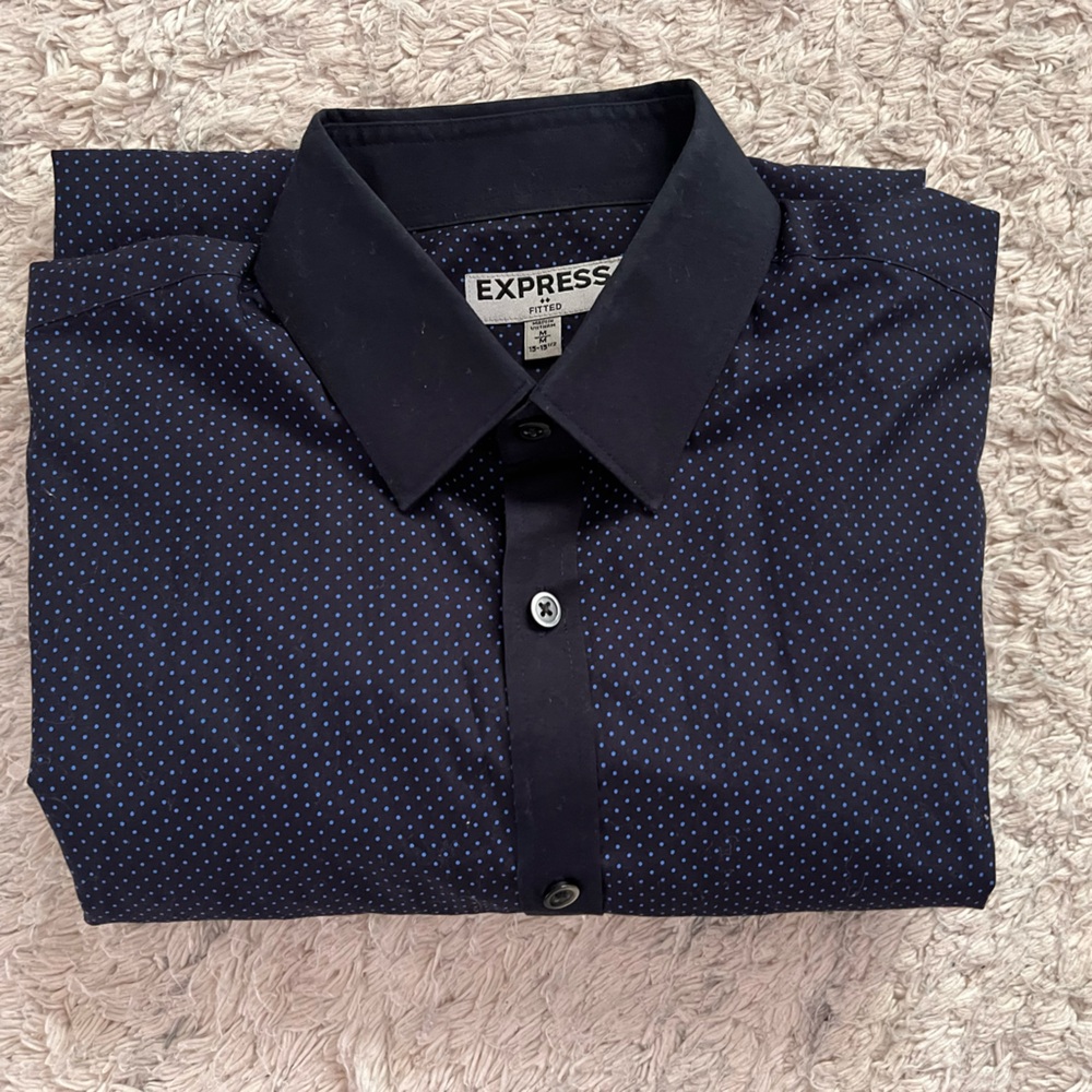 Express Blue Casual Button Down Shirt with Polka Dot Pattern